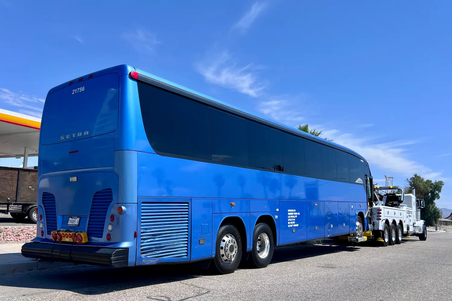 Coach bus towing near Lancaster CA