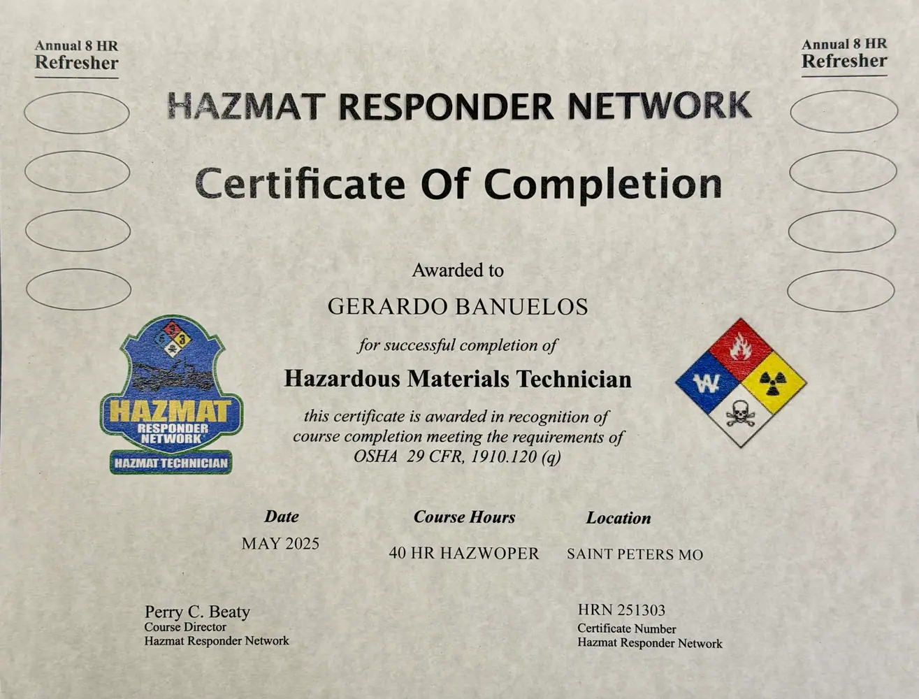 Hazwoper certified hazardous materials technician certificate for Lancaster CA hazmat cleanup